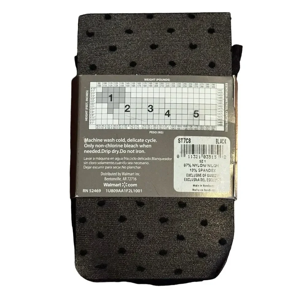 LADIES SECRET TREASURES CONTROL TOP BLACK NYLON SHEER W/BLACK DOTS HOSE SZ 1 NIP